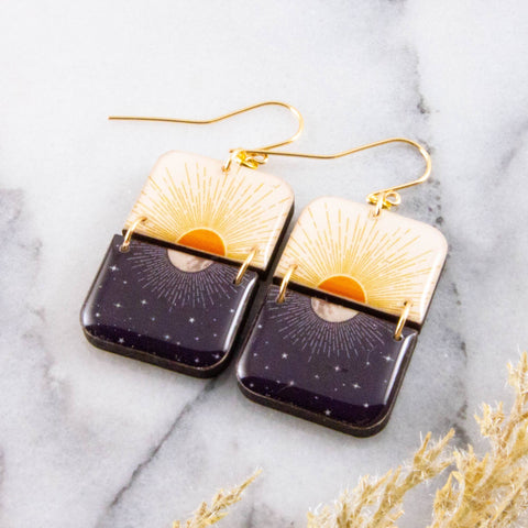 Sun + Moon Half Rectangle Stack Earrings