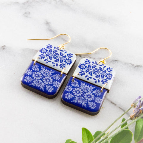Blue Scandinavian Floral Half Rectangle Stack Earrings