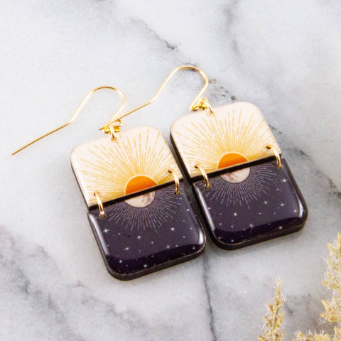 Sun + Moon Half Rectangle Stack Earrings