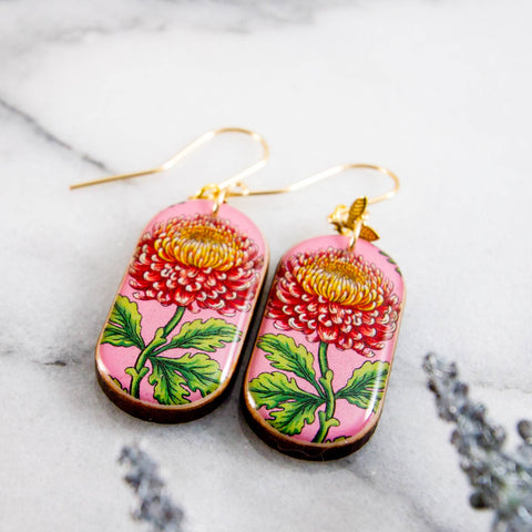 Pink Chrysanthemum Flower Oblong Earrings